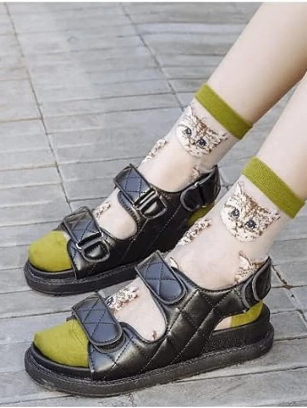3D SHEER GOLD EMBROIDERED CAT FACE SOCKS. O/S